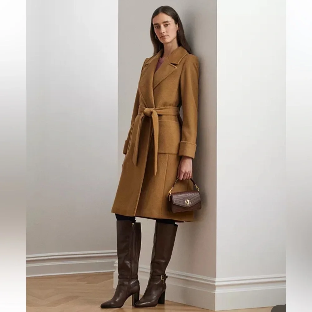 NWT Lauren Ralph Lauren Double-Faced Wool Wrap Coat Honey Tan Belted Size 16 - Picture 12 of 14